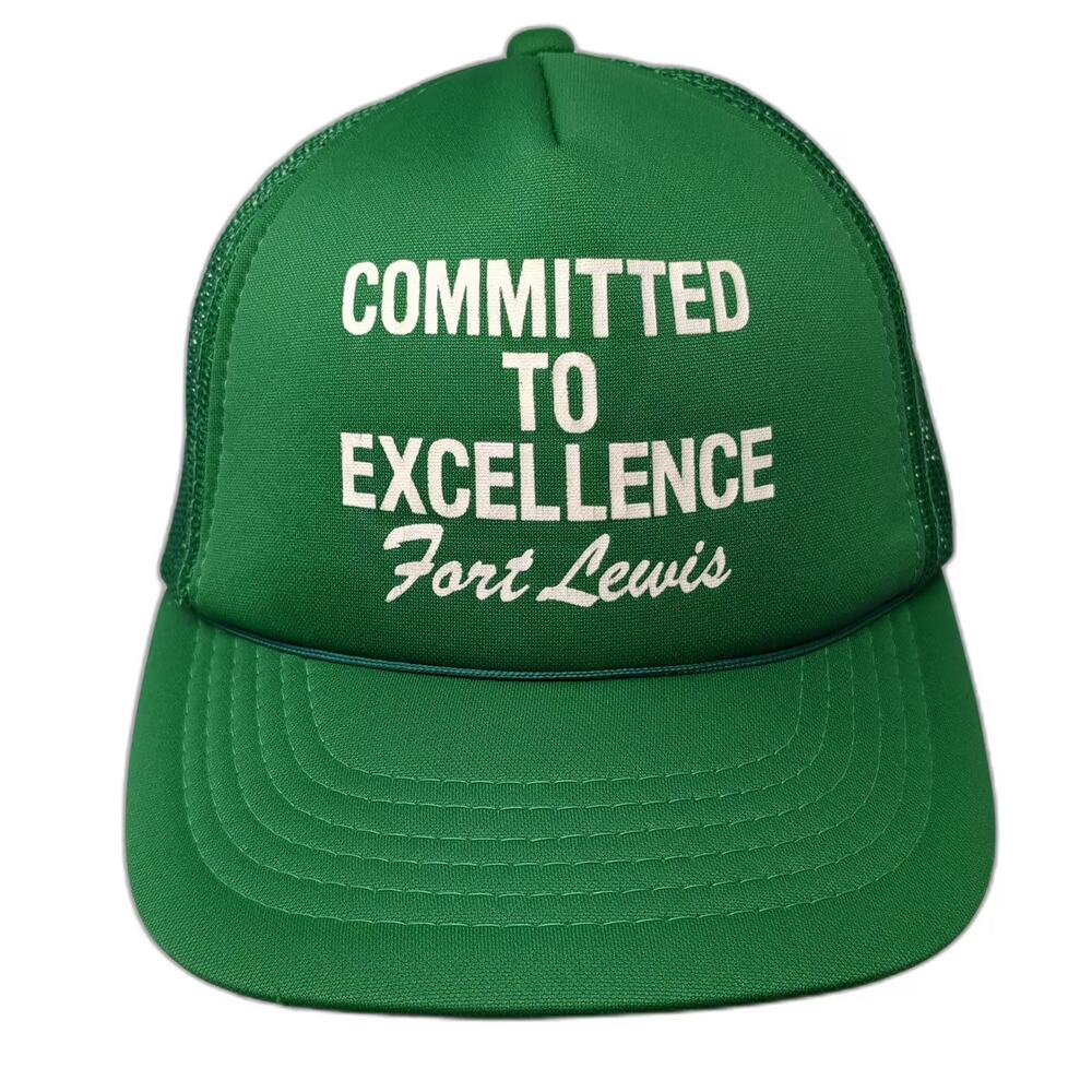 THAT HAT Green White Trucker Hat Fort Lewis Committed To Excellence OS Snapback